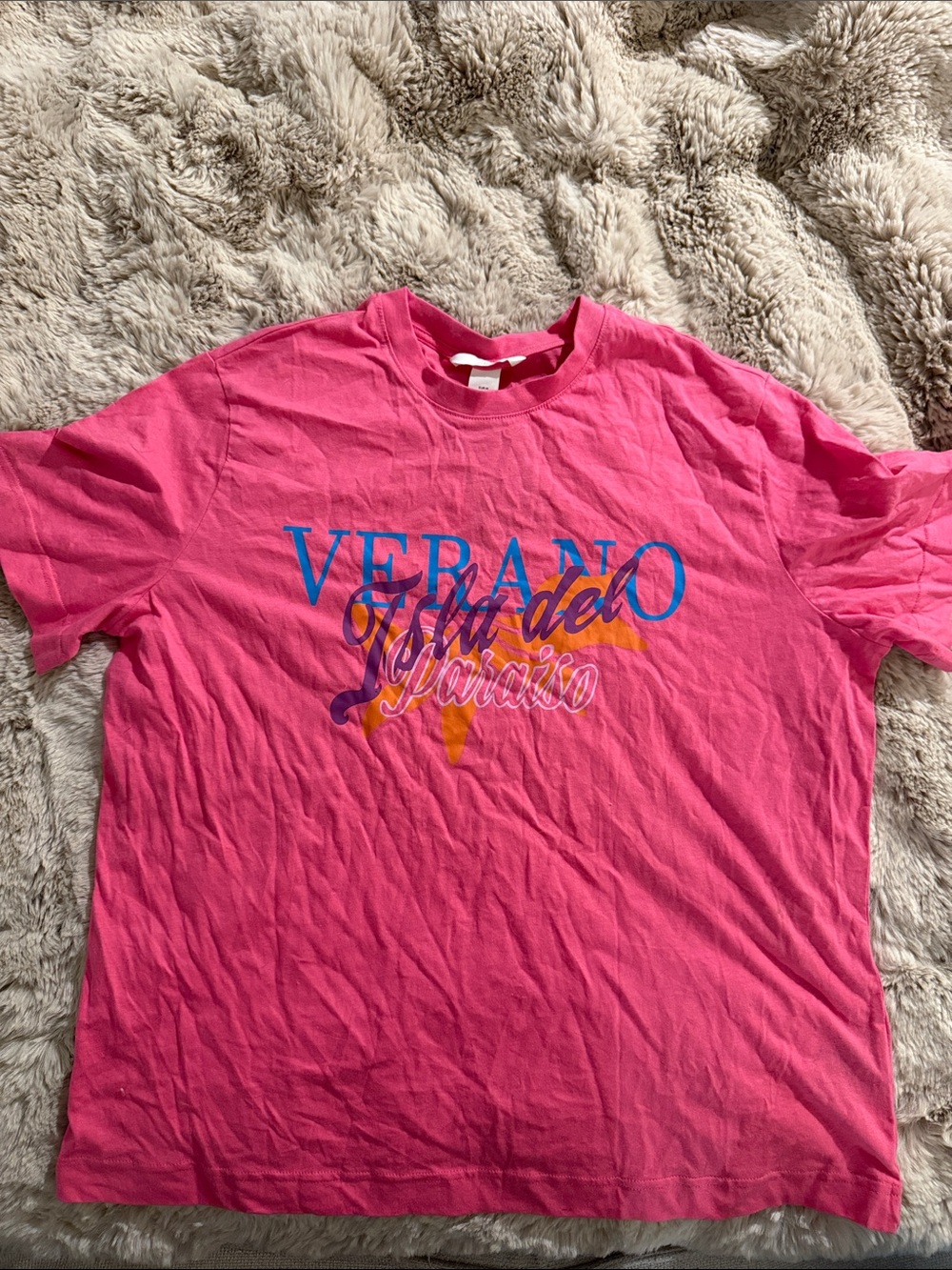 H&M Bright Pink Graphic Tee with Blue & Yellow Print